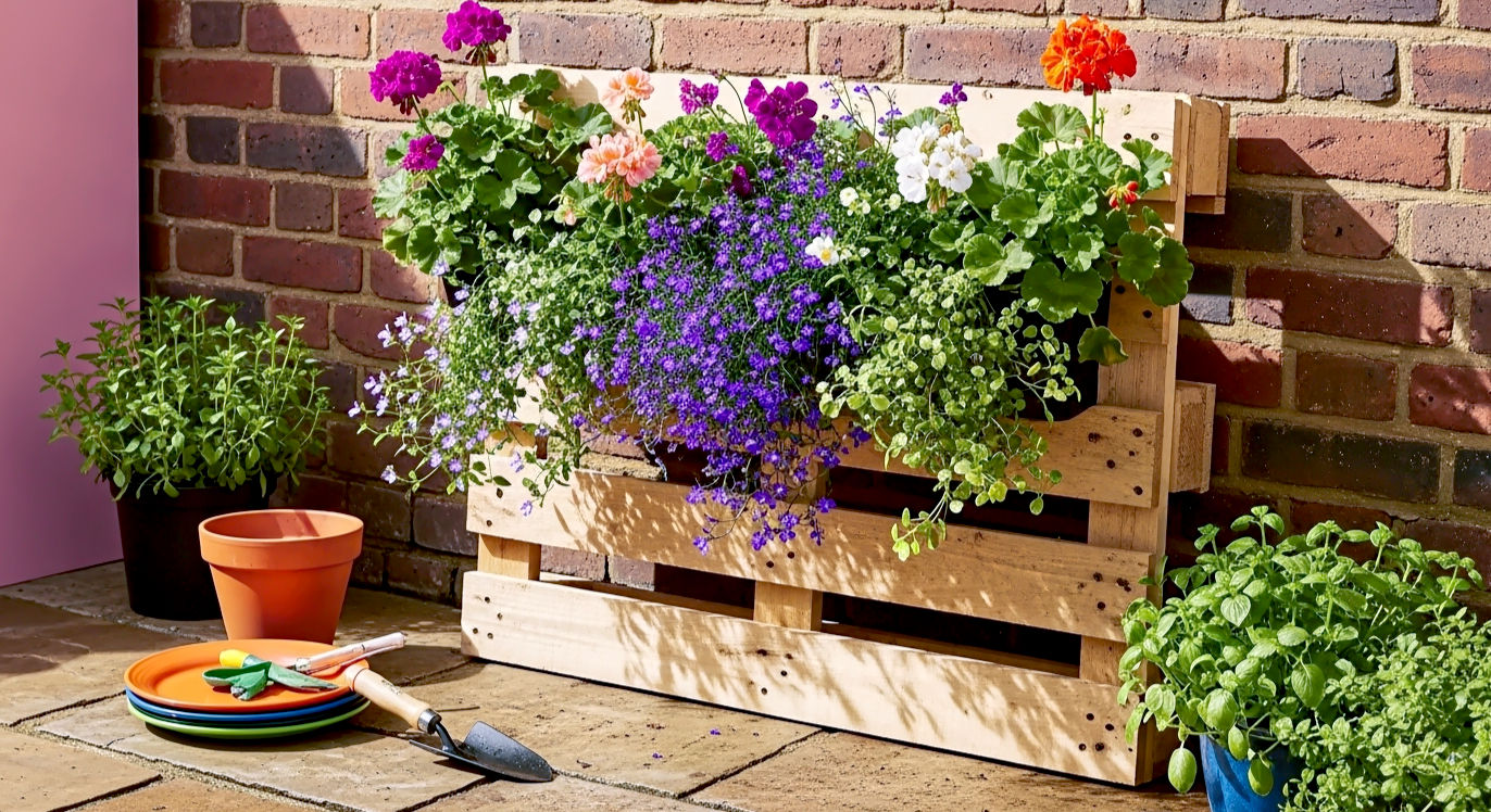 A vibrant, professional photograph in the style of Gardeners' World Magazine. The image showcases a finished pallet planter, brimming with colourful trailing geraniums, deep purple lobelia, and lush green herbs. The planter is propped against the warm, weathered brick wall of a British terraced house patio. The morning sunlight catches the dew on the leaves. In the foreground, a terracotta pot and a small hand trowel rest on the flagstones. The mood is cheerful, resourceful, and bursting with life.