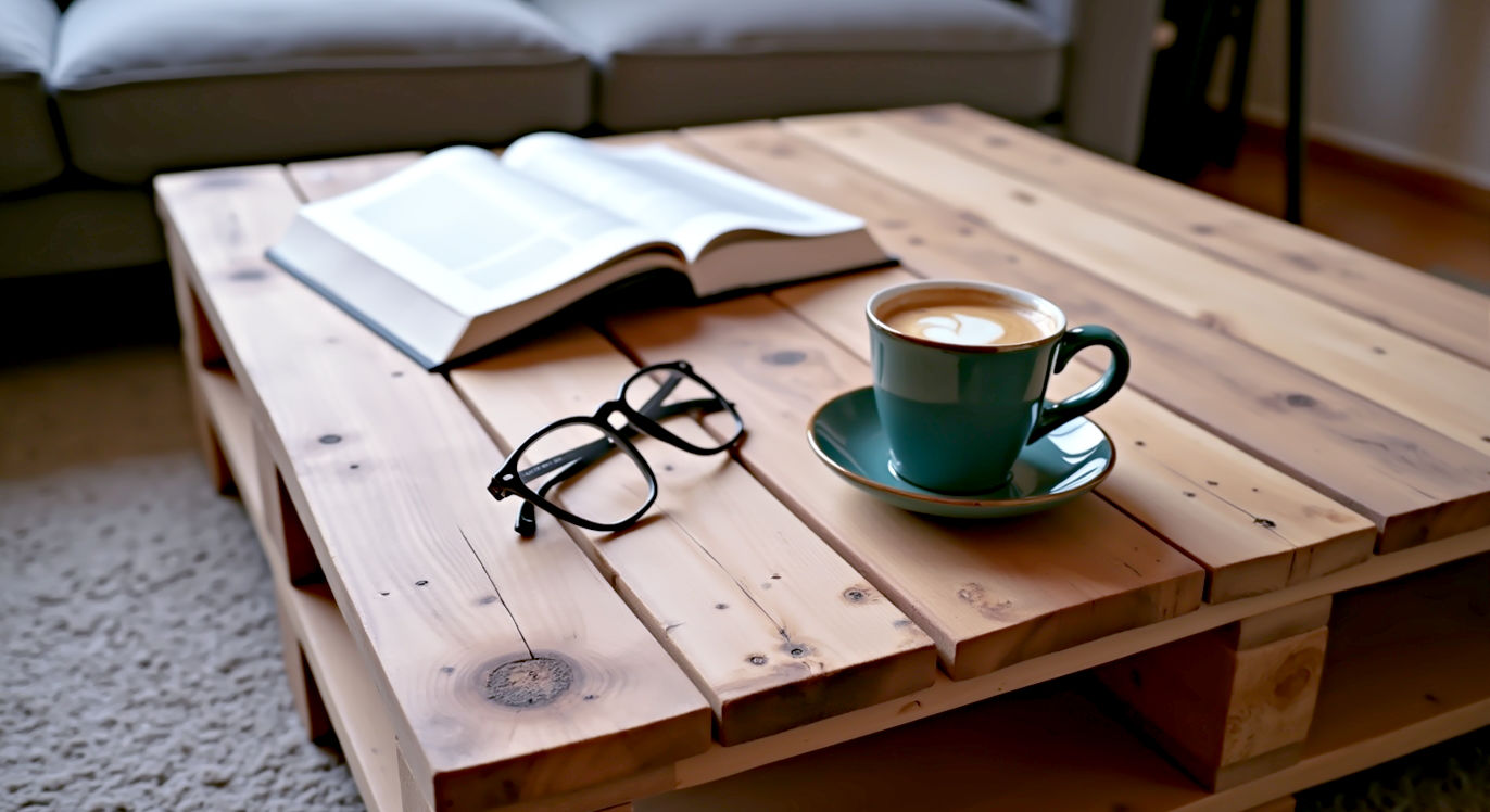 A beautifully composed interior photograph in the style of Ideal Home magazine. The shot is an artful flat-lay view looking down onto the rustic pallet wood coffee table. One corner of the table holds a ceramic mug of coffee with latte art, a pair of stylish reading glasses, and an open hardback book. The focus is sharp on the wood's texture—the grain, nail holes, and smooth, sanded finish. The surrounding scene includes a corner of a comfortable grey sofa and a textured rug. The lighting is soft and natural, coming from a nearby window. The mood is cosy, calm, and effortlessly stylish.