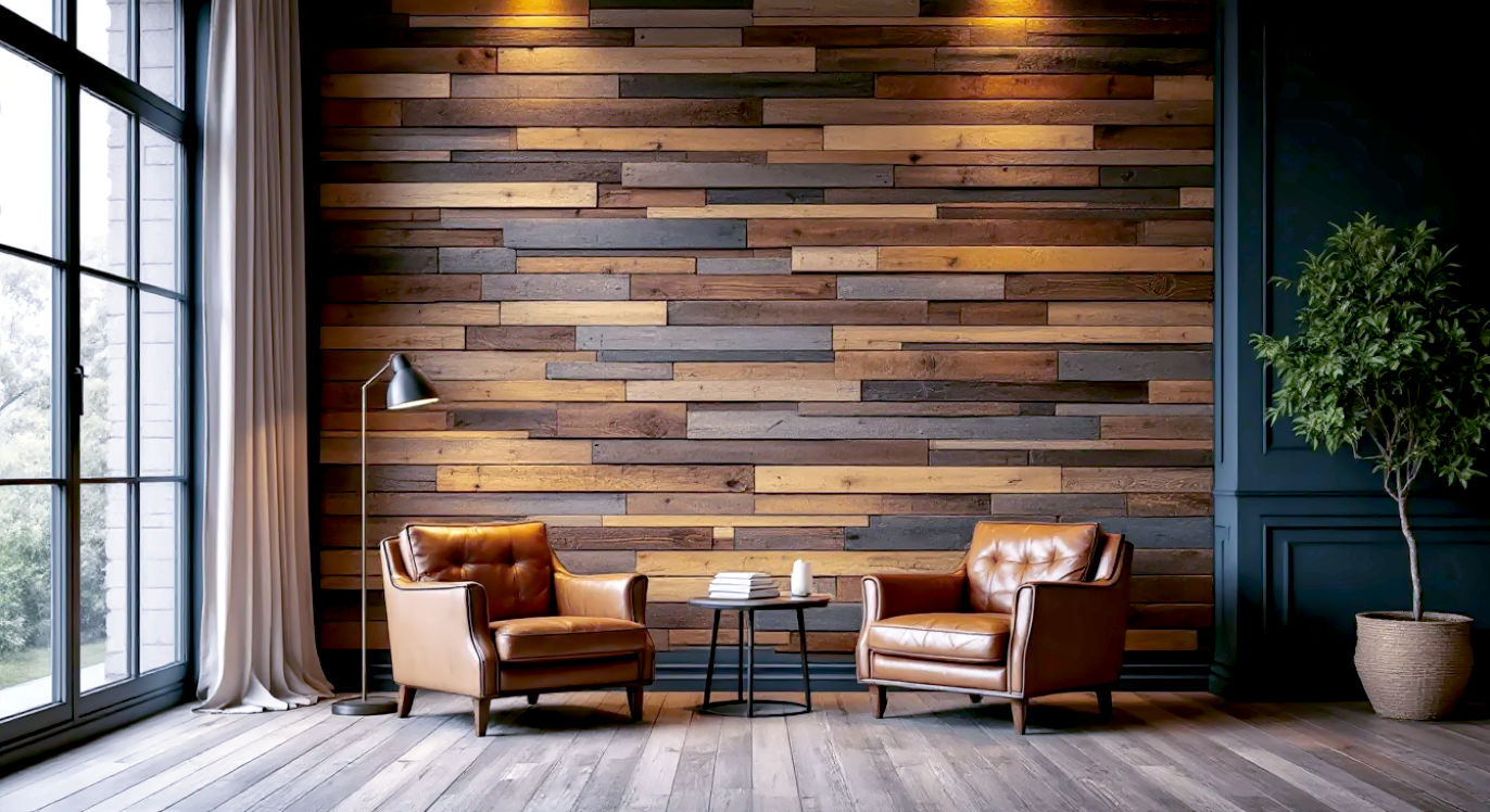 A dramatic, wide-angle interior photograph in the style of a reveal shot from a TV show like George Clarke's Amazing Spaces. The image showcases a living room where the pallet wood feature wall is the undeniable star. The varied tones and textures of the wood are highlighted by clever uplighting from the floor. In front of the wall sits a classic leather armchair and a small side table with a reading lamp, creating a perfect, cosy reading nook. The rest of the room is painted in a contrasting dark, moody blue. The mood is warm, architectural, and impressively transformative.