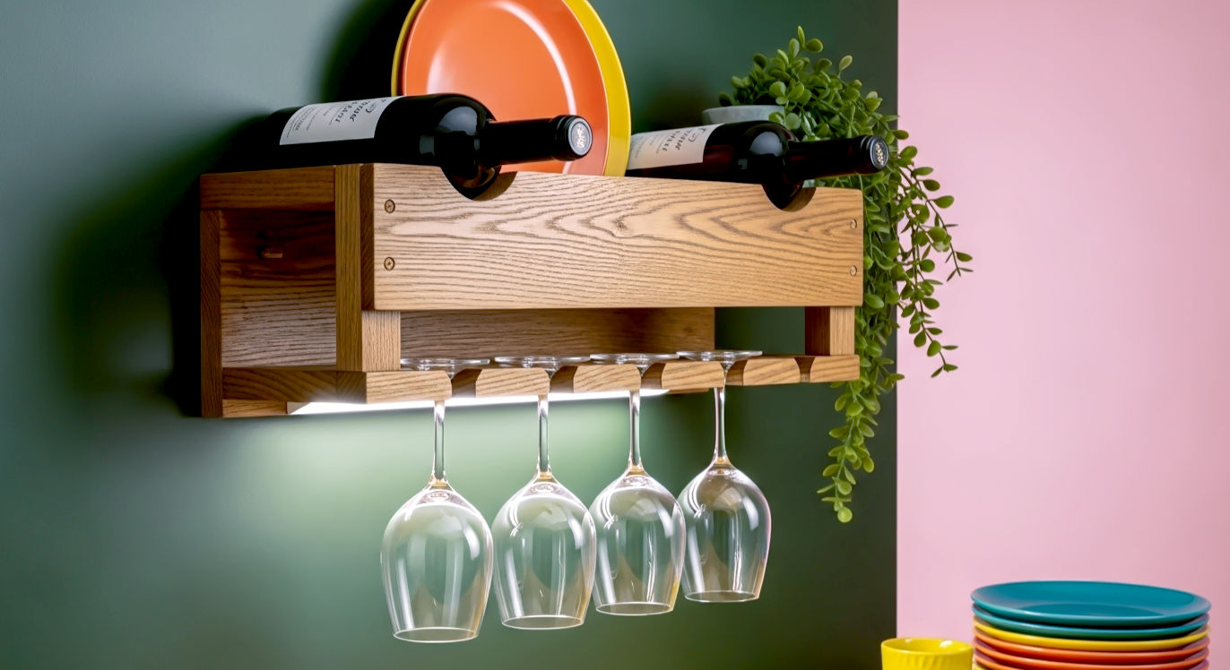 A sharp, stylish product-style photograph with the aesthetic of Good Homes magazine. The shot is a close-up of the finished pallet wood wine rack mounted on a dark green kitchen wall. Two bottles of red wine are nestled in the top, and three elegant wine glasses hang upside down from the custom-cut slots below. The wood has been stained a rich, dark oak colour. The lighting is focused and bright, like under-cabinet kitchen lighting, making the rack pop against the dark wall and highlighting the shine on the glasses. The mood is sophisticated, clever, and highly desirable.