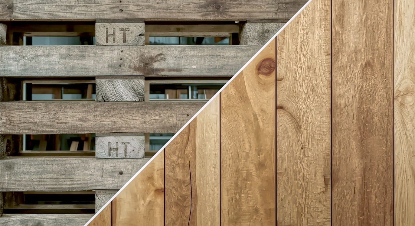 A hyper-realistic, professional macro photograph in the style of a feature in Livingetc magazine. The image is a dramatic split composition showing the transformation of pallet wood. On the left, a raw, weathered pallet plank with a visible 'HT' stamp, showing its rough texture and industrial history. On the right, the same type of plank is beautifully sanded and oiled, revealing a warm, rich, golden grain. The two textures meet along a sharp diagonal line. The background is a soft-focus, modern workshop. The lighting is bright and clean, highlighting every detail of the wood's character. The mood is transformative and full of potential.