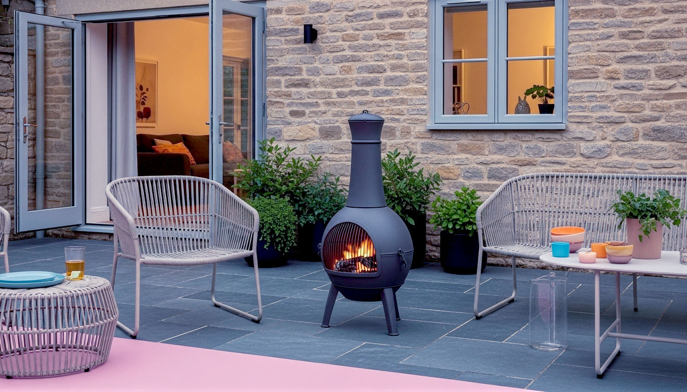 A hyper-realistic photograph in the style of an architectural design magazine, showcasing a sleek, graphite-grey cast aluminium chiminea on a modern slate patio of a Cotswold stone house. The composition is a sophisticated medium shot, with the chiminea as the focal point, flanked by contemporary rattan garden furniture. The lighting is the crisp, cool light of a late summer evening, with the warm, flickering glow from the chiminea's fire providing a welcoming contrast. The mood is one of minimalist luxury and understated British elegance.