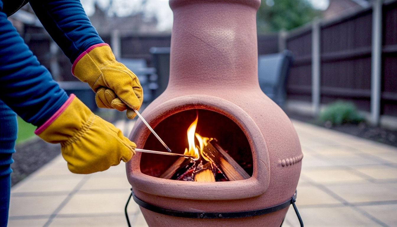 A lifelike, professional photograph in the style of a home and garden lifestyle feature, capturing the moment of safely lighting a traditional clay chiminea in a suburban British garden. The subject is a close-up on a person's hands using a long match to ignite kindling inside the chiminea's belly, with fire-resistant gloves being worn. The composition is tight and focused, with the background showing a neatly swept patio, a safe distance from fences or sheds. The lighting is the warm, soft glow of late afternoon, creating a cosy and responsible atmosphere. The mood is one of comforting safety, preparedness, and the beginning of a pleasant evening.