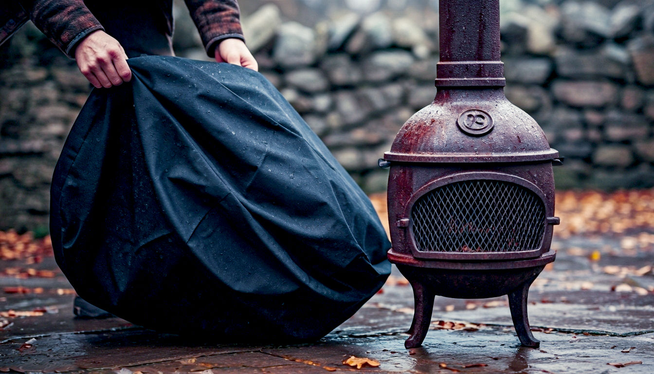 A detailed, evocative photograph in the style of a National Trust magazine feature, showing a weathered cast-iron chiminea being prepared for a British winter. The subject is the chiminea, its rich, dark patina glistening with a hint of recent rainfall, standing on a flagstone terrace surrounded by fallen autumn leaves. The composition places the chiminea centrally, with a protective, heavy-duty cover held in a person's hands, ready to be placed over it. The lighting is the soft, diffused light of an overcast autumn day, enhancing the rich textures of the iron and the damp stone. The mood is one of prudent care, durability, and resilience against the elements.