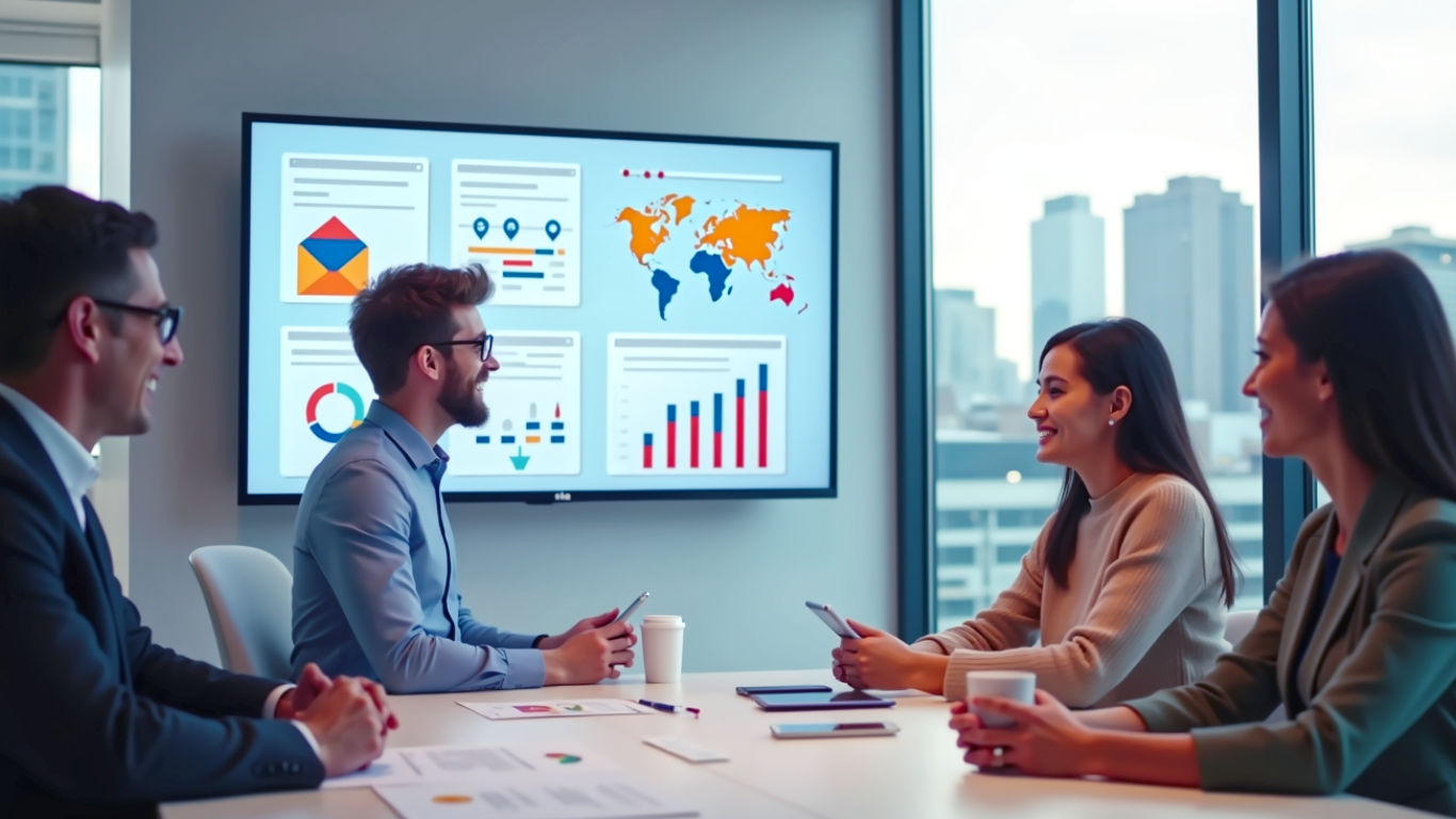 A professional, hyper-realistic photograph capturing a collaborative business meeting in a bright, modern office in London with a view of the skyline. A team of marketing experts is presenting a successful email campaign on a large screen to a smiling female small business owner. The screen shows vibrant email templates and positive growth charts. The mood is professional, optimistic, and supportive, with soft, natural lighting.