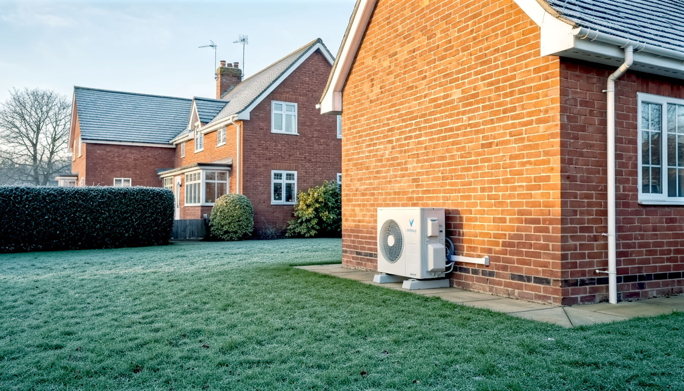 Hyper-realistic, professional photograph of a modern, sleek air source heat pump unit installed neatly on the side of a classic British red-brick semi-detached house. It's a crisp, sunny winter morning, with a light frost on the well-kept lawn. The focus is on the clean, unintrusive installation. The mood is optimistic, clean, and technologically advanced, yet homely. Style of a modern architectural magazine.