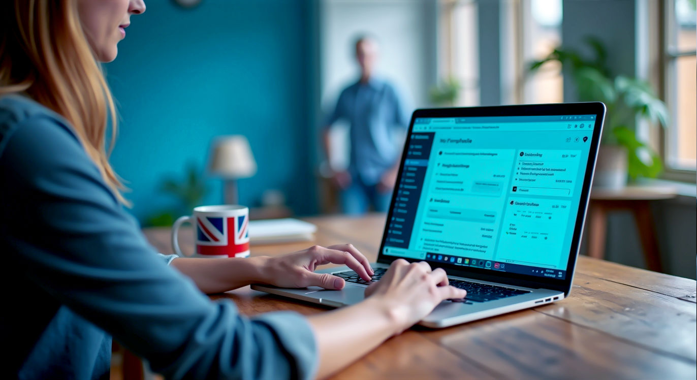 A hyper-realistic, professional photograph in the style of a modern tech blog. A person is sitting at a rustic wooden desk in a bright, airy British home office with a Union Jack mug. Their hands are on a sleek laptop, which displays the WordPress dashboard on screen. The focus is sharp on the screen, with the background softly blurred. The mood is productive, creative, and professional, with clean, natural lighting. Palette should be modern and calm, with blues, whites, and natural wood tones.