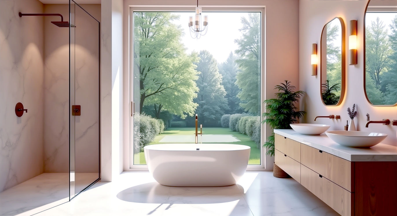A hyper-realistic, professional photograph in the style of a high-end interior design magazine. The image shows a spacious, bright luxury bathroom with a large window overlooking a lush, green British garden through frosted glass. A stunning white stone freestanding bathtub is the centrepiece, positioned under the window. To the side, a seamless walk-in shower with a large rainfall head and brushed brass fittings. A double vanity unit made of warm oak with marble countertops and sleek countertop basins sits against a wall of large-format, subtly veined porcelain tiles. The lighting is soft and layered, with warm light from a modern chandelier and backlit mirrors. The mood is serene, tranquil, and aspirational, evoking the feeling of a five-star hotel spa in a beautiful British home.