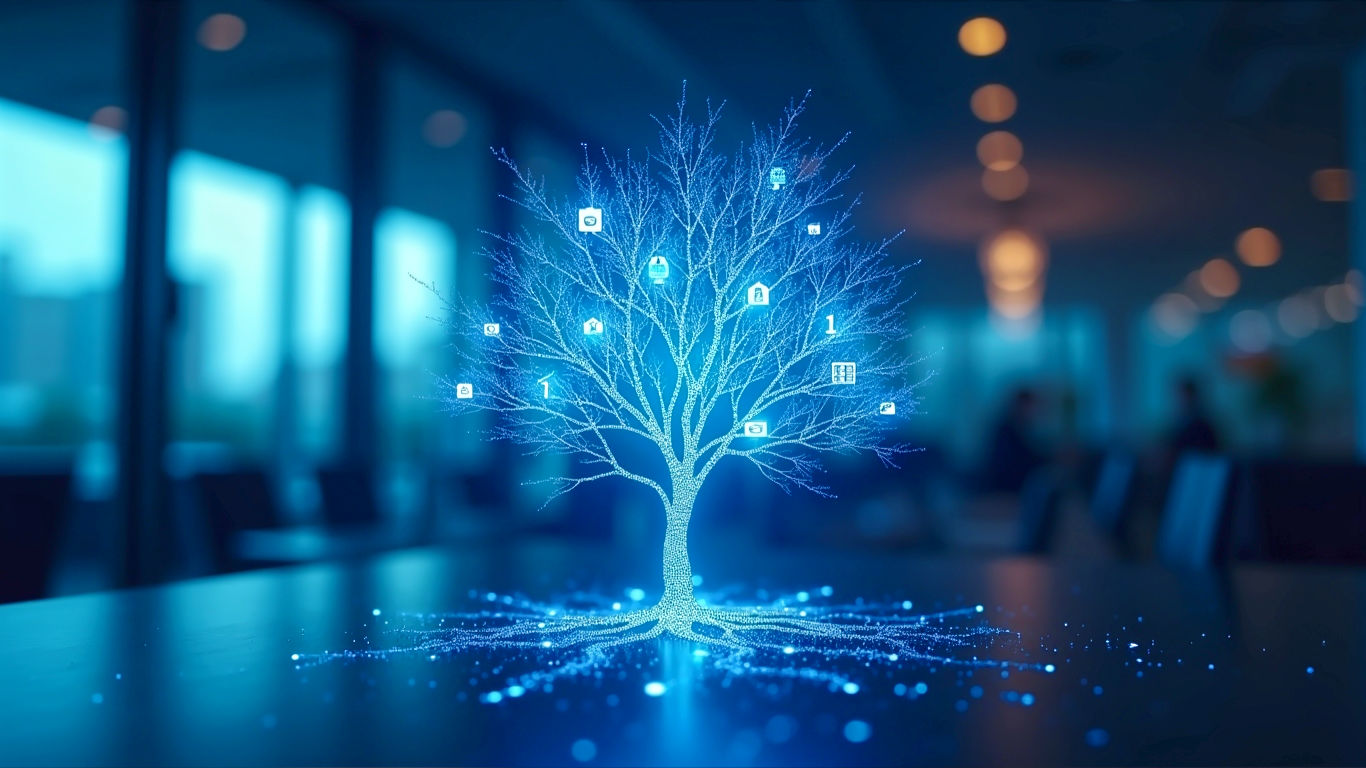 A hyper-realistic, professional photograph with a clean, modern aesthetic. The central image is a glowing, abstract digital tree, its roots made of binary code (0s and 1s) and its branches spreading outwards, with each branch terminating in a well-known open-source project logo (e.g., Linux penguin, WordPress 'W', Git logo, Creative Commons 'CC'). The background is a soft-focus, contemporary office environment in London, visible through a glass wall, suggesting innovation and business. The lighting is bright and optimistic, with a cool blue and white colour palette, evoking a sense of digital clarity and interconnectedness. The mood is authoritative, innovative, and trustworthy.