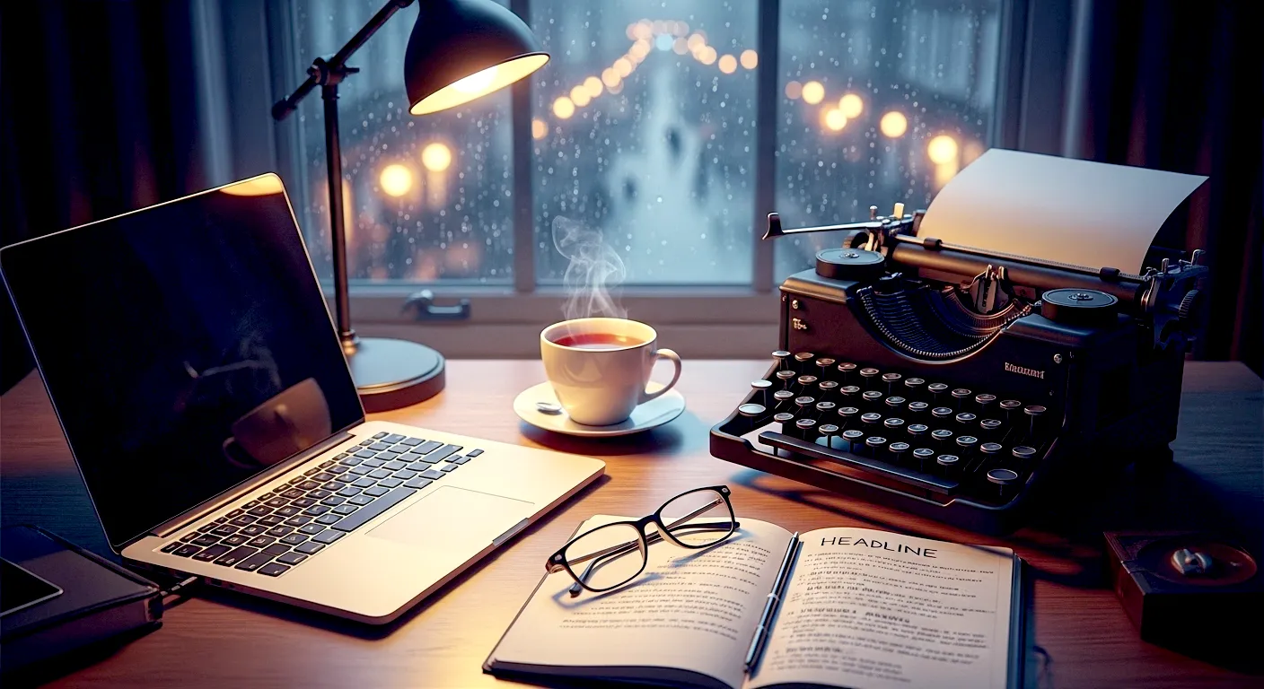 A hyper-realistic photograph from a slightly elevated angle, capturing a writer's cosy, stylish desk in a British study. A sleek, modern laptop is open, positioned next to a vintage, black typewriter, symbolising the blend of old and new techniques. On the desk are a half-full mug of tea with a wisp of steam, a pair of stylish reading glasses, and a Moleskine notebook open to a page of handwritten notes and headline ideas. Through a window behind the desk, the soft, out-of-focus view of a rainy London street with glowing lights is visible. The lighting is warm and inviting, coming from a low-angled desk lamp, creating a mood of deep focus, creativity, and classic British charm. Style: professional, moody, aspirational.