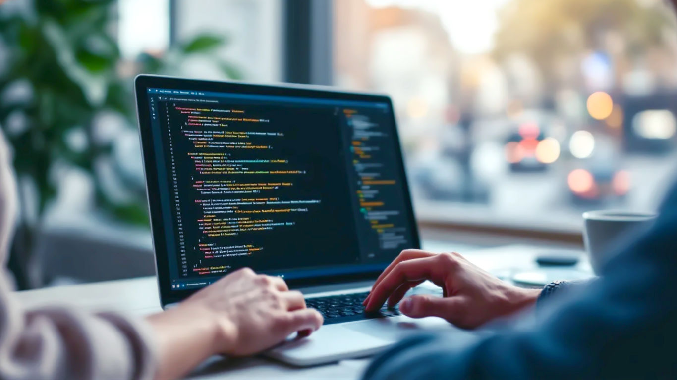 A hyper-realistic, professional photograph with a clean, modern aesthetic. The scene depicts a group of three people in a bright, contemporary co-working space in London, collaborating around a laptop. The laptop screen shows elegant lines of source code. The focus is on their hands and the screen, symbolising shared creation. The lighting is soft and natural, coming from a large window overlooking a subtly blurred British street scene. The mood is optimistic, intelligent, and collaborative.