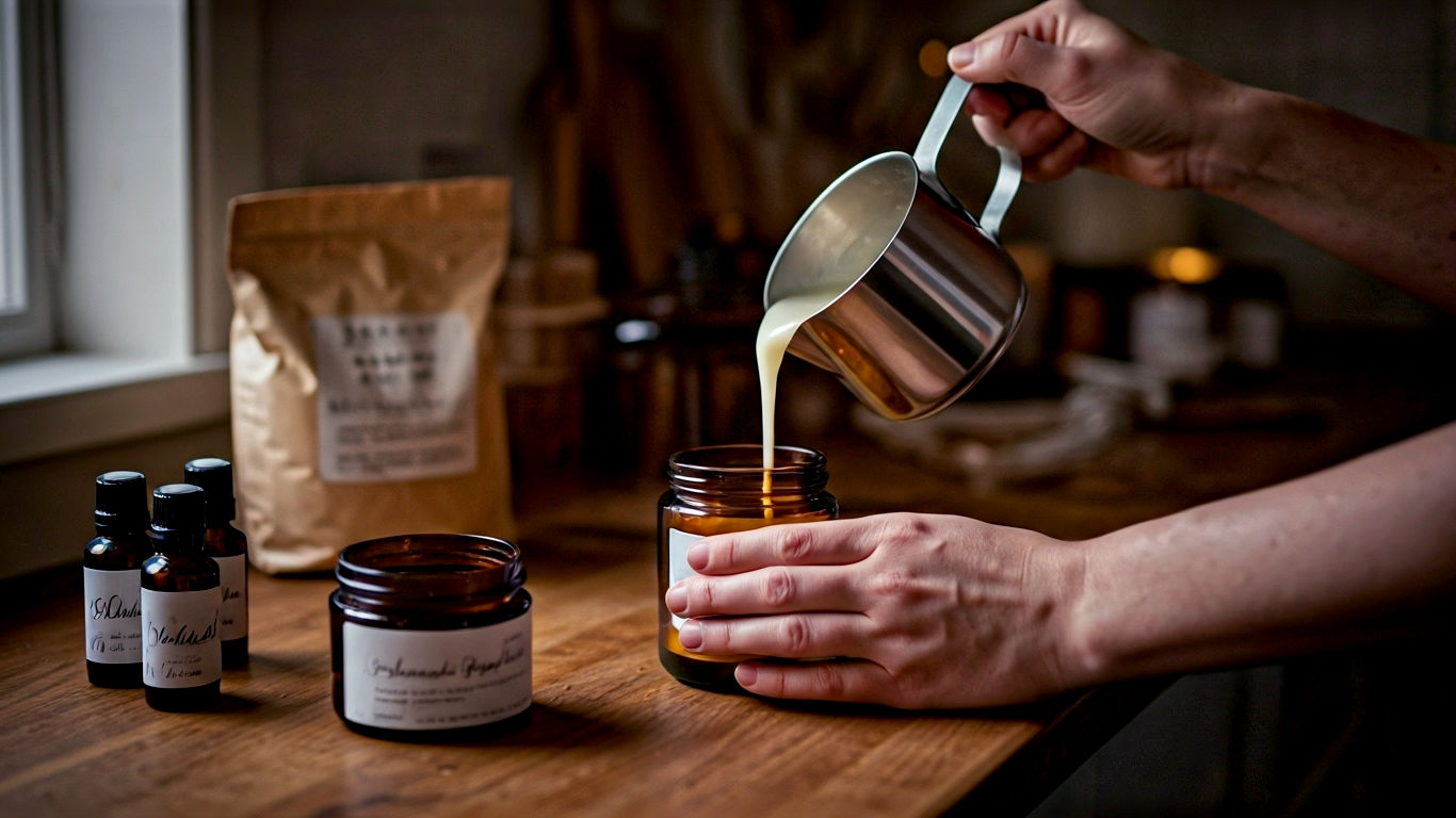 A hyper-realistic, professional photograph in the style of a Country Living magazine feature. The image captures a cosy, rustic British kitchen scene. A pair of hands is carefully pouring melted, creamy soy wax from a stainless steel pouring pot into a stylish amber glass jar with a cotton wick centred perfectly. In the background, there are other candle making supplies neatly arranged: a bag of soy wax flakes, small bottles of fragrance oils with handwritten labels (e.g., "Bluebell," "Sandalwood & Black Pepper"), and a few finished candles on a wooden shelf. The lighting is soft and warm, coming from a nearby window, creating a tranquil and inviting mood. The overall colour palette is warm and natural, with earthy tones, evoking a sense of calm, creativity, and artisanal craftsmanship.