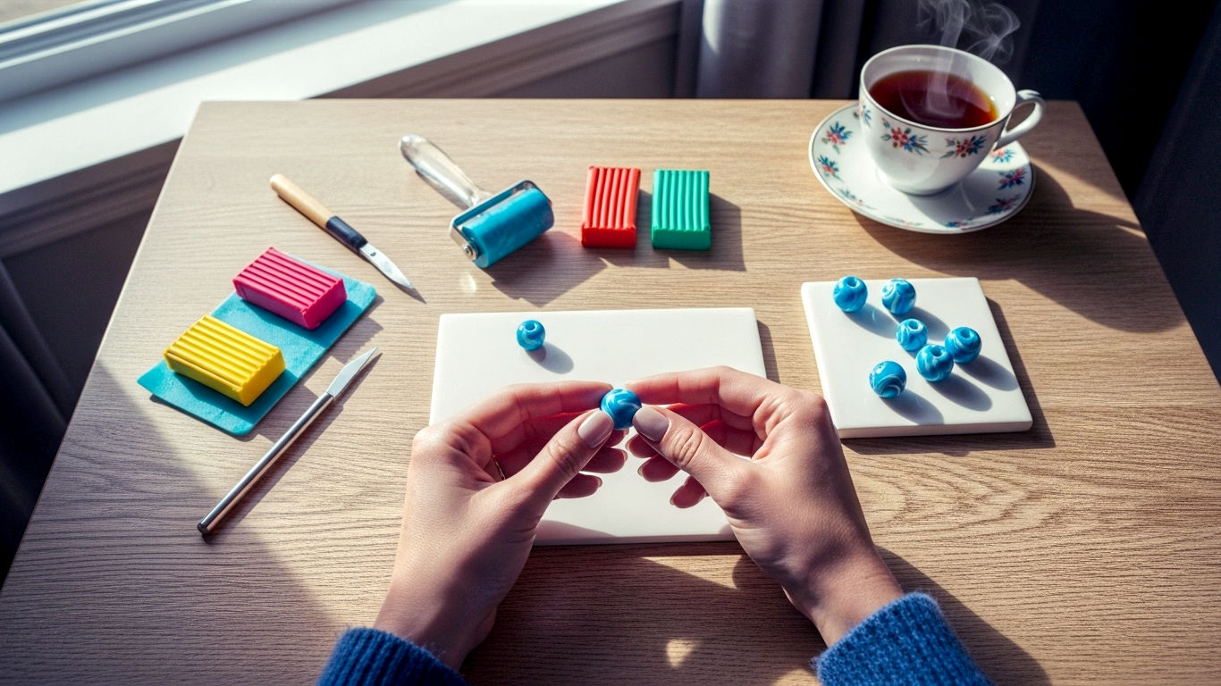 A hyper-realistic photograph in the style of a top-down craft blogger's flat lay. The scene is set on a rustic, light-wood kitchen table, bathed in soft, natural morning light from a nearby window. In the centre, a pair of female hands with clean, natural nails is gently rolling a vibrant, marbled blue and white polymer clay bead. Surrounding this central action are neat arrangements of bead-making tools: a small acrylic roller, a craft knife, a few colourful blocks of Fimo clay, and a ceramic tile with a few finished, glossy beads resting on it. A classic British-style teacup with a wisp of steam sits in the top-right corner, adding a cosy, relatable touch. The overall mood is creative, calm, and inspiring, with a shallow depth of field focusing on the hands and the bead.