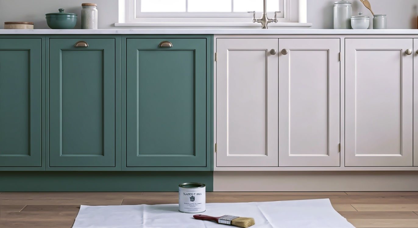 A hyper-realistic photograph in the style of a modern British interior design magazine. The shot captures a beautifully lit Shaker-style kitchen, half-painted in a sophisticated sage green and the other half in a warm, creamy off-white. There's a can of Farrow & Ball paint and a paintbrush resting on a dust sheet on the floor. The lighting is soft and natural, coming from a large window, creating a calm, inspiring, and aspirational mood that feels distinctly British. The composition should be a medium shot, focusing on the detail and texture of the cabinetry.
