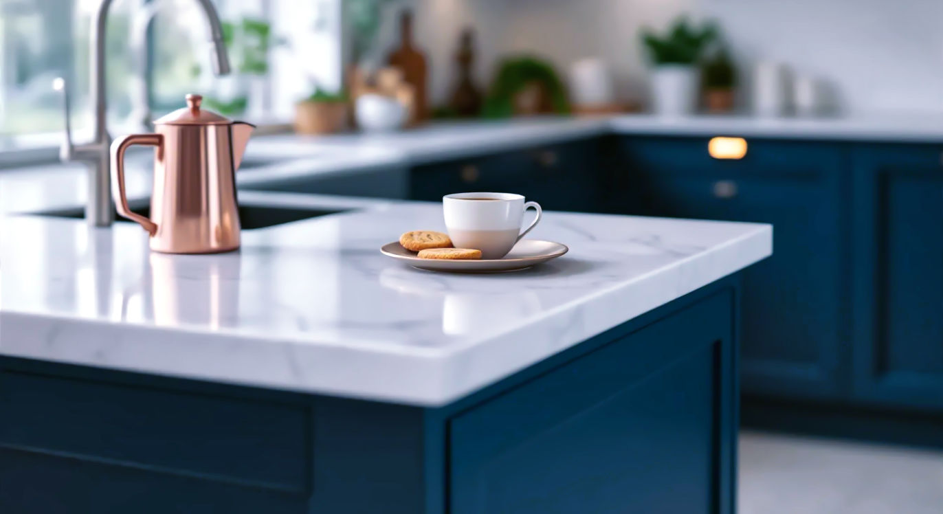 A hyper-realistic photograph in the style of a modern interior design magazine. The shot is a close-up, slightly angled view of a kitchen island corner where a pristine, white marble-effect quartz worktop meets stylish, deep navy blue Shaker-style cabinets. On the worktop sits a copper cafetière, a half-full mug of tea, and a plate with a Digestive biscuit. The background is softly blurred, showing a clean, bright kitchen with subtle under-cabinet lighting. The mood is calm, aspirational, and quintessentially British. Lighting is soft and natural, coming from a large window just out of frame.
