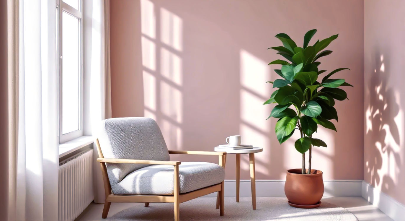 A hyper-realistic, professional photograph in the style of a feature in The Modern House magazine. The image shows a beautifully serene and bright living room corner in a British home. Soft, diffused morning light streams through a large window dressed with sheer linen curtains, illuminating a comfortable armchair upholstered in a textured, off-white bouclé fabric. Next to the chair is a small, light-oak side table holding a single, handmade ceramic mug and a book. A large, healthy fiddle-leaf fig plant stands in a terracotta pot nearby, its vibrant green leaves adding a touch of nature. The colour palette is warm and neutral, with walls painted in a soft, plaster-like pink. The mood is calm, peaceful, and inviting, perfectly capturing the essence of a modern home sanctuary.