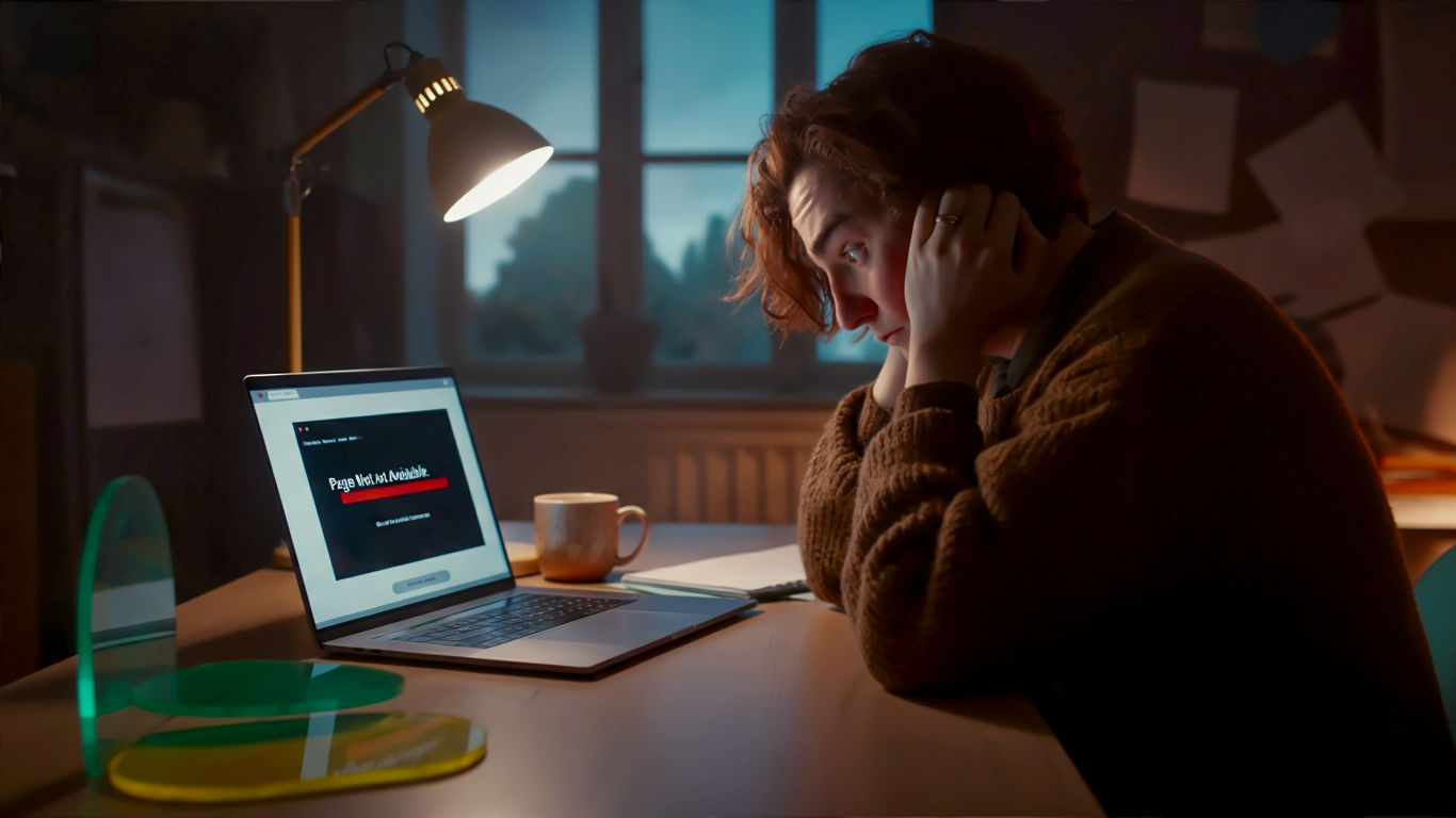 A hyper-realistic, professional photograph showing a person looking stressed but determined, sitting at a modern desk with a laptop displaying a generic 'Page Not Available' browser error. The background is a tidy but creative home office in a British-style home. The lighting is soft and natural, coming from a window. The mood is one of focused problem-solving, not despair. A mug of tea sits next to the laptop.