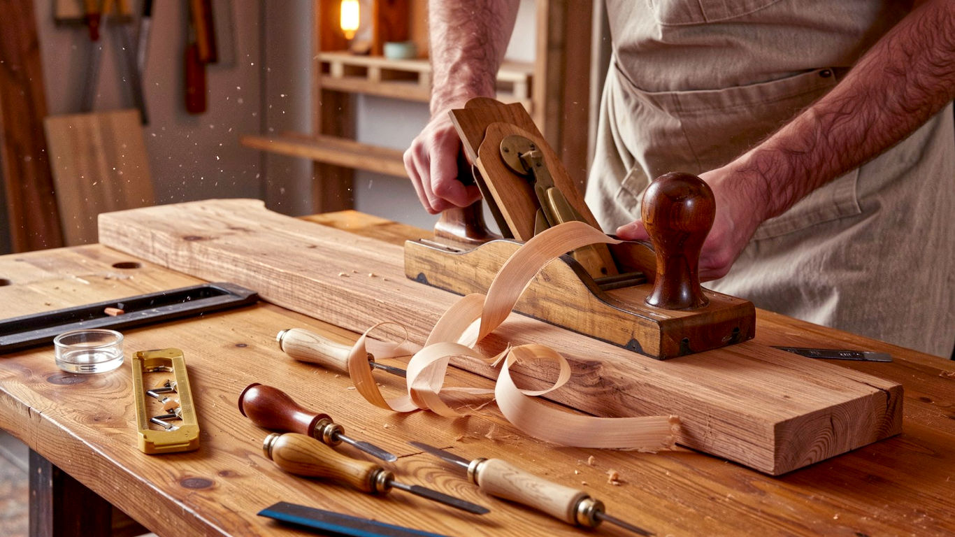 A hyper-realistic photograph capturing the warmth and satisfaction of woodworking in a classic British shed. The shot is a close-up, over-the-shoulder view of a craftsperson in their late 30s, wearing a durable canvas apron, using a traditional wooden hand plane on a plank of English oak. The plane is peeling off a perfect, translucent shaving. The workbench is solid wood, slightly worn, and scattered with classic tools: a tenon saw, a marking gauge, and a set of chisels neatly arranged. Soft, natural light streams in from a nearby window, illuminating floating dust motes and highlighting the rich grain of the oak. The mood is calm, focused, and timeless, evoking a sense of heritage and quiet passion.