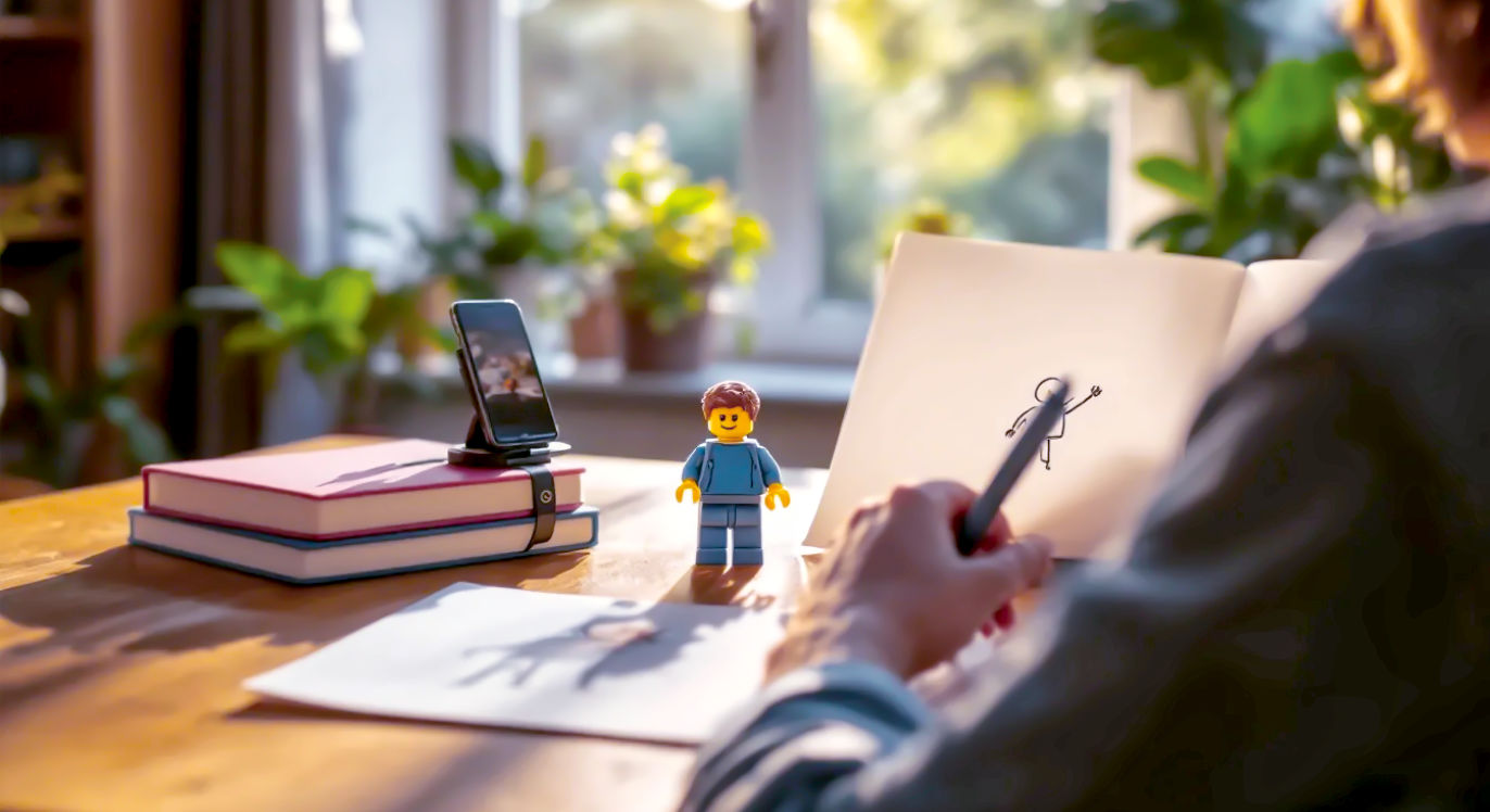 A hyper-realistic, professional photograph taken over the shoulder of a British teenager at a dining room table, creating their first animation. Their smartphone is propped up on a stack of books, aimed down at a LEGO figure they are carefully moving for a stop-motion sequence. To the side, a simple flicker book they've drawn is open, showing a waving stick man. The scene is lit by natural, late-afternoon sunlight from a window, creating a warm, inviting, and encouraging atmosphere. The mood is one of playful experimentation, accessibility, and the spark of new-found creativity.