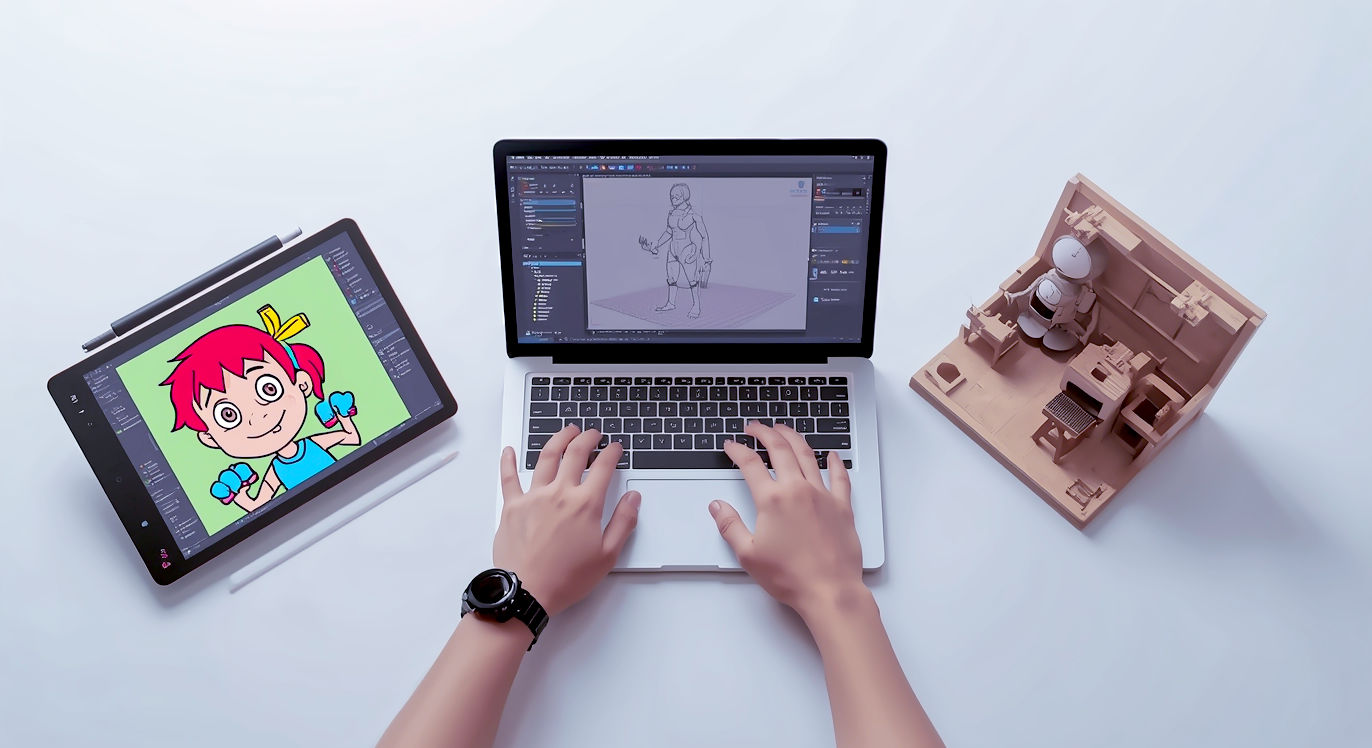 A hyper-realistic, professional photograph showing a single, modern animator's workspace that is neatly divided to showcase three different animation techniques. On the left, a sleek digital drawing tablet displays a vibrant 2D character from a show like Hey Duggee. In the centre, a laptop screen shows a complex 3D character rig in Blender. On the right, a small, intricate stop-motion puppet stands on a partially built miniature set. An animator's hands are visible in the centre of the frame, poised as if deciding which medium to work with. The lighting is clean and bright, evoking a modern, versatile creative studio.