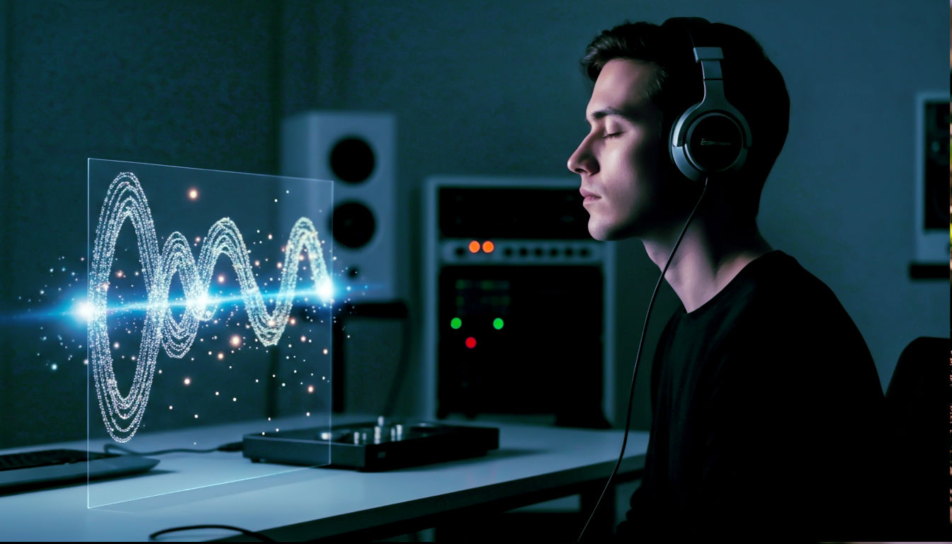 A hyper-realistic photograph, moody and atmospheric, in the style of a Wired magazine feature. A person sits in a dimly lit, minimalist studio in London, wearing high-end headphones (like Bowers & Wilkins), eyes closed in deep concentration. On a sleek desk, a holographic projection glows, showing intertwining, abstract waveforms and glowing particles, suggesting quantum data being turned into sound. The lighting is low-key, with a single source illuminating the hologram and the person's face, creating a sense of futuristic intimacy and profound listening. The background is subtly blurred, hinting at studio equipment. The overall mood is one of awe, innovation, and intense artistic focus.