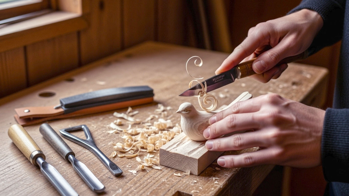 A hyper-realistic photograph in the style of a modern craft magazine. The scene is a well-lit, tidy British workshop with rustic wooden walls. In the centre, a pair of capable, clean hands (male or female, mid-30s) are carefully carving a small, elegant wooden bird from a piece of pale lime wood. A classic Morakniv carving knife is in use, with delicate, paper-thin shavings curling off the wood. A few other essential tools—a gouge and a V-tool—are laid neatly on the workbench beside a leather strop. The lighting is soft and natural, coming from a nearby window, creating a warm, focused, and inspiring mood that evokes a sense of calm craftsmanship and heritage.