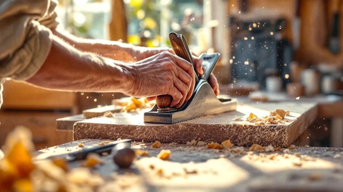 The image captures a bright, tidy British garden shed workshop. Soft, natural morning light streams through a window, illuminating fine sawdust motes in the air. In the centre, a pair of capable, slightly calloused hands are carefully using a traditional block plane on a piece of English oak clamped to a sturdy wooden workbench. Wood shavings are curling up perfectly. In the background, a rack of neatly arranged hand tools—tenon saw, chisels, a combination square—are visible. The mood is one of peaceful focus, satisfaction, and the quiet joy of craftsmanship. The colour palette is warm and natural, dominated by wood tones and the green of the garden visible through the window.
