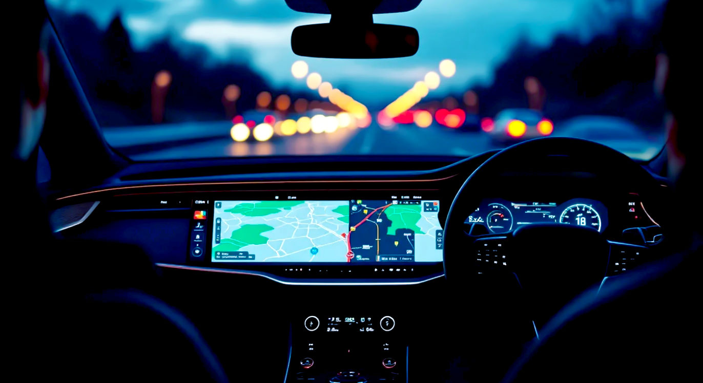 A hyper-realistic, professional photograph from the driver's perspective inside a modern, clean British car cockpit at dusk. The main focus is the glowing central infotainment screen clearly displaying the Apple CarPlay interface with large, colourful icons. The digital cockpit behind the steering wheel shows a navigation map. Soft, ambient interior lighting highlights the textures of the dashboard and leather steering wheel. Through the windscreen, the blurred lights of evening traffic on a British motorway (e.g., the M6 or M1) are visible, creating a sense of calm, control, and modern convenience. The style should be reminiscent of a high-end car brochure, with a shallow depth of field and a sophisticated, slightly cool colour palette.