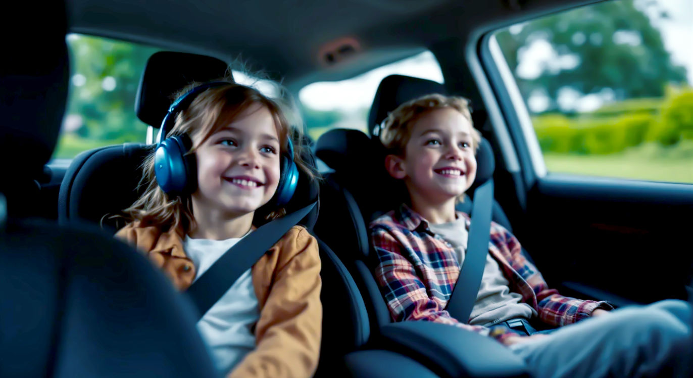 Hyper-realistic photograph, interior shot of a modern family car like a Nissan Qashqai, looking from the front towards the back seats. Two happy but calm children (aged 6-9) are in their car seats, each watching a different cartoon on bright, clear headrest video screens. One child wears blue wireless headphones. The view out the side window shows a blurred, typically British country lane with green hedgerows under a soft, overcast sky. The lighting is natural and diffused, creating a warm, peaceful family atmosphere. Style of a high-end, lifestyle car advertisement.