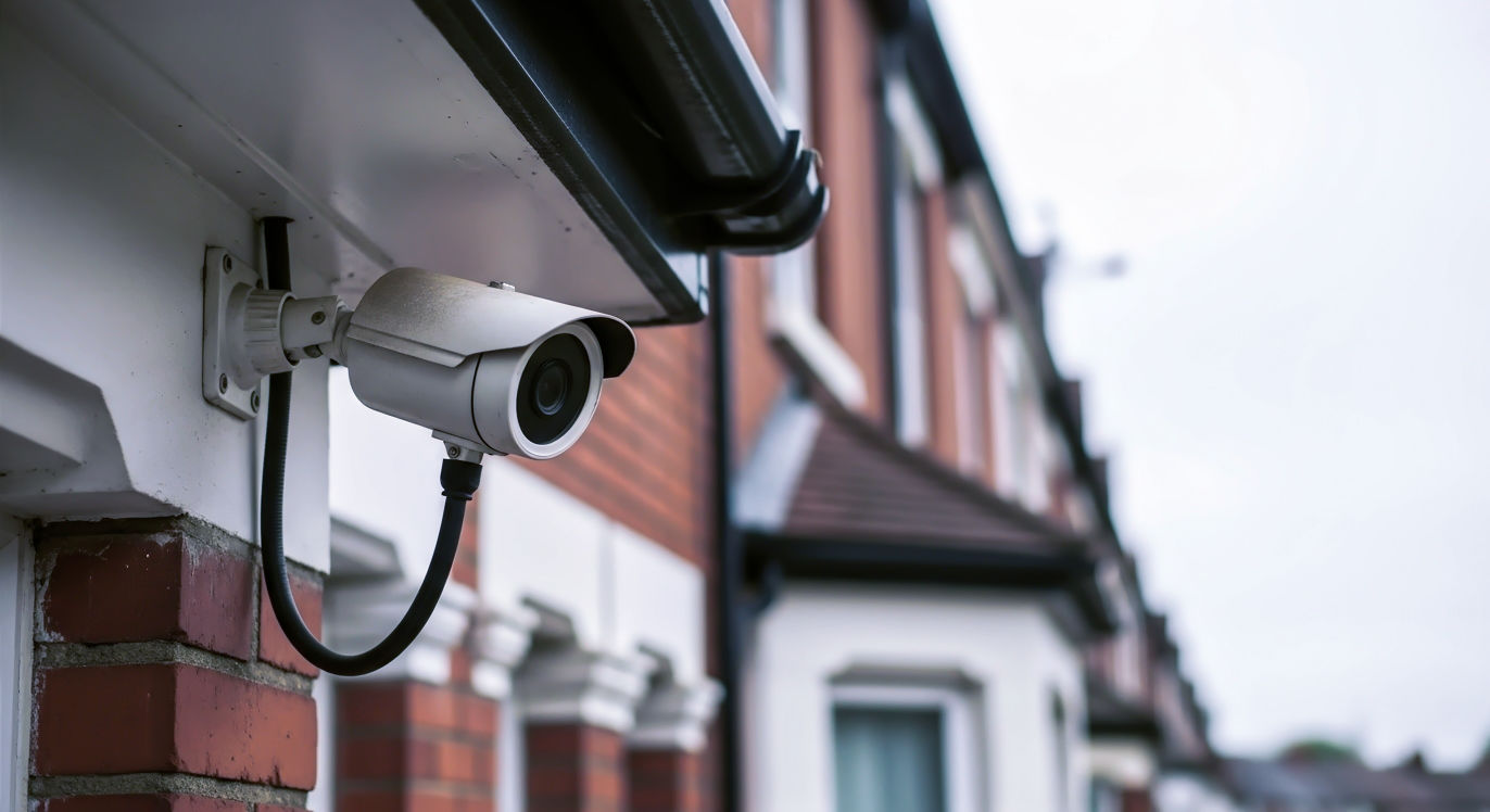A hyper-realistic, professional photograph capturing a dummy bullet-style surveillance camera mounted under the eaves of a classic British red-brick terraced house. The lighting is soft, overcast daylight, typical of the UK. The camera is slightly weathered but clean, with a realistic lens and a visible, thick black cable running into the wall, enhancing its authenticity. The focus is sharp on the camera, with the house facade and a neighbouring property slightly blurred in the background to create depth. The mood is one of quiet, unassuming security and vigilance. Style should be clean, professional, and trustworthy, like a feature in a home improvement magazine.