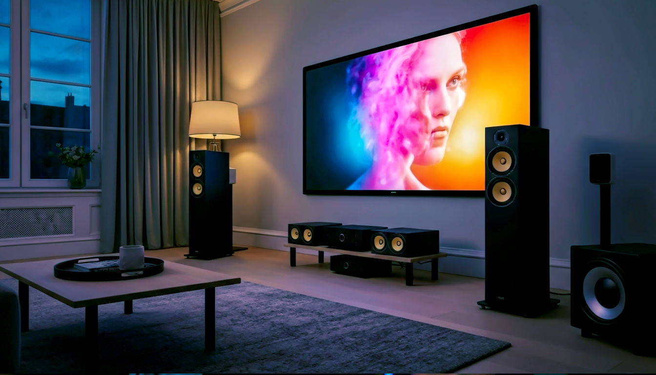 A hyper-realistic, professional photograph in the style of an Architectural Digest feature. The image shows a stylish, modern British living room at dusk, with soft, warm ambient lighting. A high-end home cinema system is subtly integrated into the room: sleek, dark floorstanding speakers flank a large OLED screen showing a vibrant film still, a low-profile centre speaker sits below, and discreet surround speakers are visible on stands. The focus is sharp on a high-quality subwoofer in the corner. The mood is cosy, sophisticated, and aspirational, evoking the ultimate at-home movie night experience.