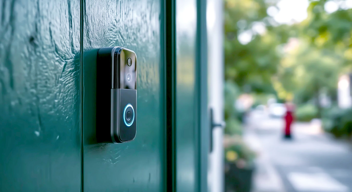 A hyper-realistic, professional photograph capturing a modern, sleek smart video doorbell mounted on the light-grey painted wooden frame of a classic British front door, which is painted a dark, sophisticated racing green. The focus is sharp on the doorbell, with its camera lens subtly visible. In the soft-focus background, a pleasant, leafy suburban street in the UK can be seen, with a red postbox just visible down the road, evoking a sense of everyday British life. The lighting is bright but soft, suggesting a slightly overcast but pleasant day. The overall mood is one of quiet security, technology, and modern British domestic life.
