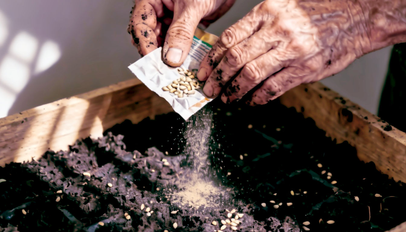 A hyper-realistic, professional close-up photograph in the style of a Gardeners' World magazine tutorial. The shot focuses on a pair of hands gently tapping a seed packet, causing tiny, dust-like seeds to sprinkle thinly and evenly over the surface of dark, moist compost in a seed tray. The composition is tight, emphasizing the delicate action. The lighting is soft, directional morning light that catches the texture of the fine compost and the individual seeds. The mood is one of quiet concentration, care, and the hopeful beginning of new life.