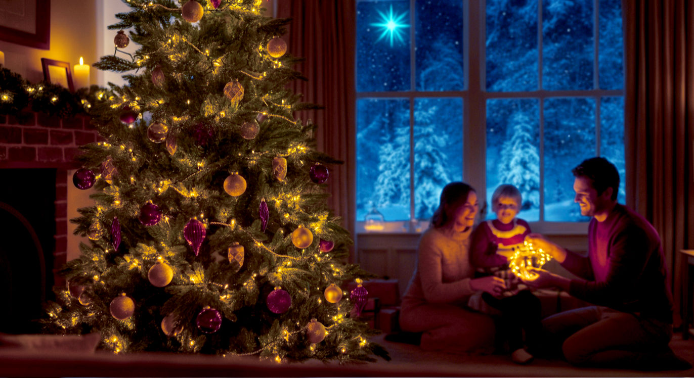 A hyper-realistic photograph in the style of a Good Housekeeping feature, showing a beautifully decorated Christmas tree in a cosy, modern British living room. The tree is a 7ft Nordmann Fir, adorned with warm white lights, and a mix of traditional red and gold baubles. A family, blurred in the background, is gathered around, adding to the warm, festive atmosphere. The lighting is soft and golden, emanating from the tree and a nearby fireplace.