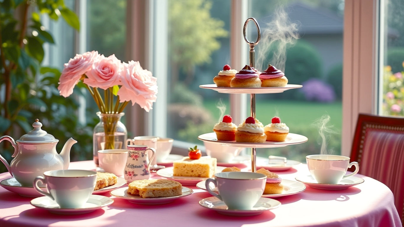 A hyper-realistic photograph in the style of a high-end food magazine. The scene is a beautifully set table for a classic British Afternoon Tea in a sunlit conservatory overlooking a lush English garden. A three-tiered silver stand is the centrepiece, laden with delicate crustless finger sandwiches, warm scones with glistening jam and clotted cream, and a colourful array of miniature cakes. A vintage bone china teapot, steaming gently, sits beside a matching cup and saucer. The lighting is soft and natural, creating a warm, inviting, and elegant mood that evokes heritage and indulgence.