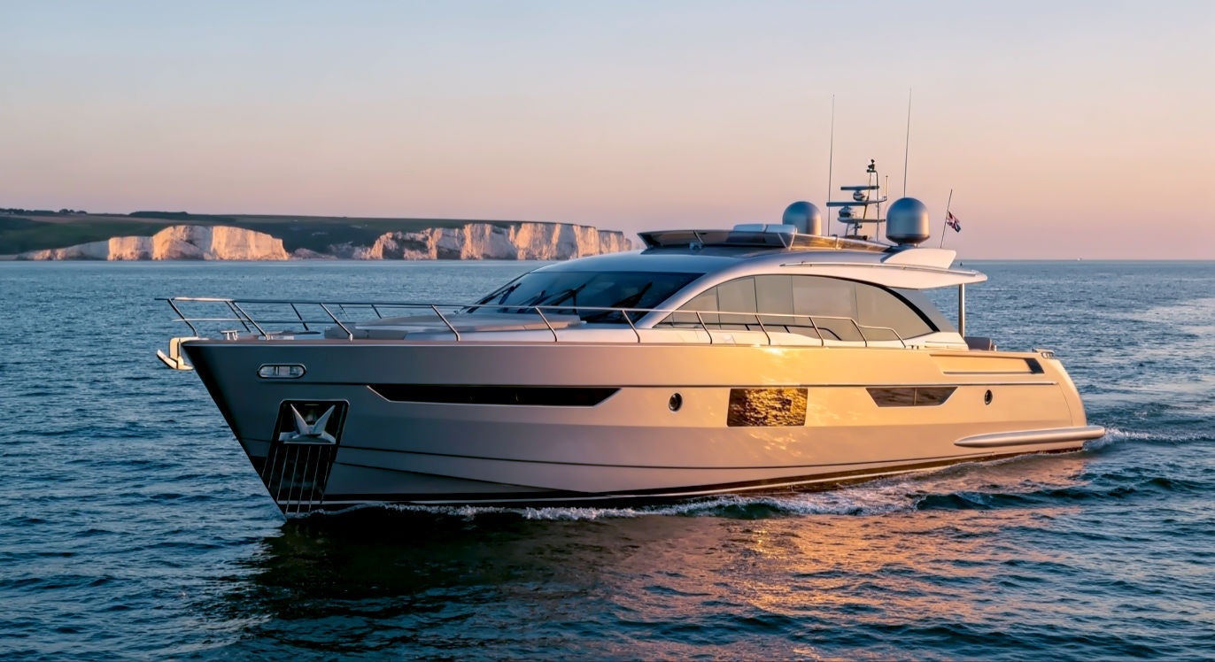 A hyper-realistic, professional photograph in the style of a high-end marine lifestyle magazine. The scene captures a brand new, sleek 80-foot Sunseeker motor yacht cutting cleanly through the calm waters of The Solent, with the iconic chalk cliffs of the Isle of Wight softly focused in the background. The lighting is the magical 'golden hour' just before sunset, casting a warm, luxurious glow across the yacht's metallic grey hull and polished teak decking. The composition is a dynamic three-quarter bow shot, showing the vessel's power and elegance. The mood is one of aspiration, modern British luxury, and maritime heritage.