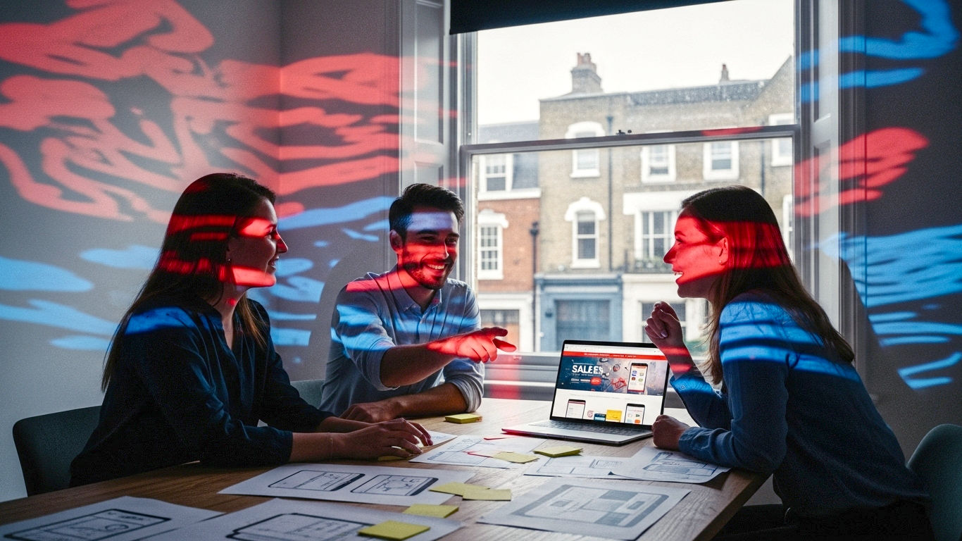 A hyper-realistic, professional photograph in the style of a modern branding agency shoot. The image features a team of three creative professionals in a bright, airy office in Shoreditch, London. They are collaborating around a large wooden table, which is covered with sticky notes, wireframes, and a laptop displaying a vibrant, well-designed sales page. One person is pointing at the screen, smiling, while the others look on with engaged, positive expressions. The lighting is soft and natural, coming from a large window overlooking a classic London street. The mood is optimistic, creative, and professional, capturing the energy and strategic thinking behind a successful product launch.