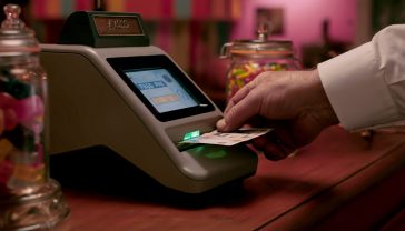 A hyper-realistic, professional photograph showing the hands of a British shopkeeper, slightly weathered, inserting a new £20 polymer banknote into a sleek, modern banknote verifier on a wooden shop counter. The machine's screen glows green with a 'PASS' symbol. In the soft-focus background, we see a classic British retail environment—perhaps a bell jar with sweets or a traditional till. The lighting is warm and inviting, conveying a sense of security, professionalism, and trust.