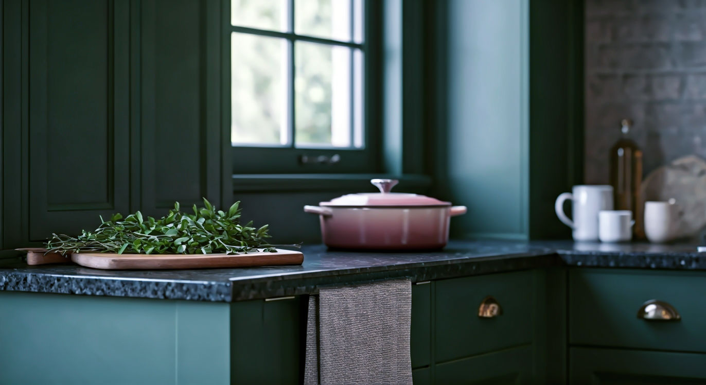A hyper-realistic, professional photograph in the style of a feature in House & Garden magazine. The shot captures a beautifully styled British shaker-style kitchen, painted in a deep Farrow & Ball-esque green. The main focus is the stunning 'Steel Blue' granite worktop, its polished surface reflecting the soft, natural light coming from a nearby sash window. On the worktop sits a Le Creuset casserole dish, a wooden chopping board with fresh herbs, and a classic ceramic mug of tea. The composition is warm and inviting, with a shallow depth of field that blurs the background slightly, emphasizing the texture and sparkle of the granite. The overall mood is one of timeless elegance, quality craftsmanship, and cosy British home life.