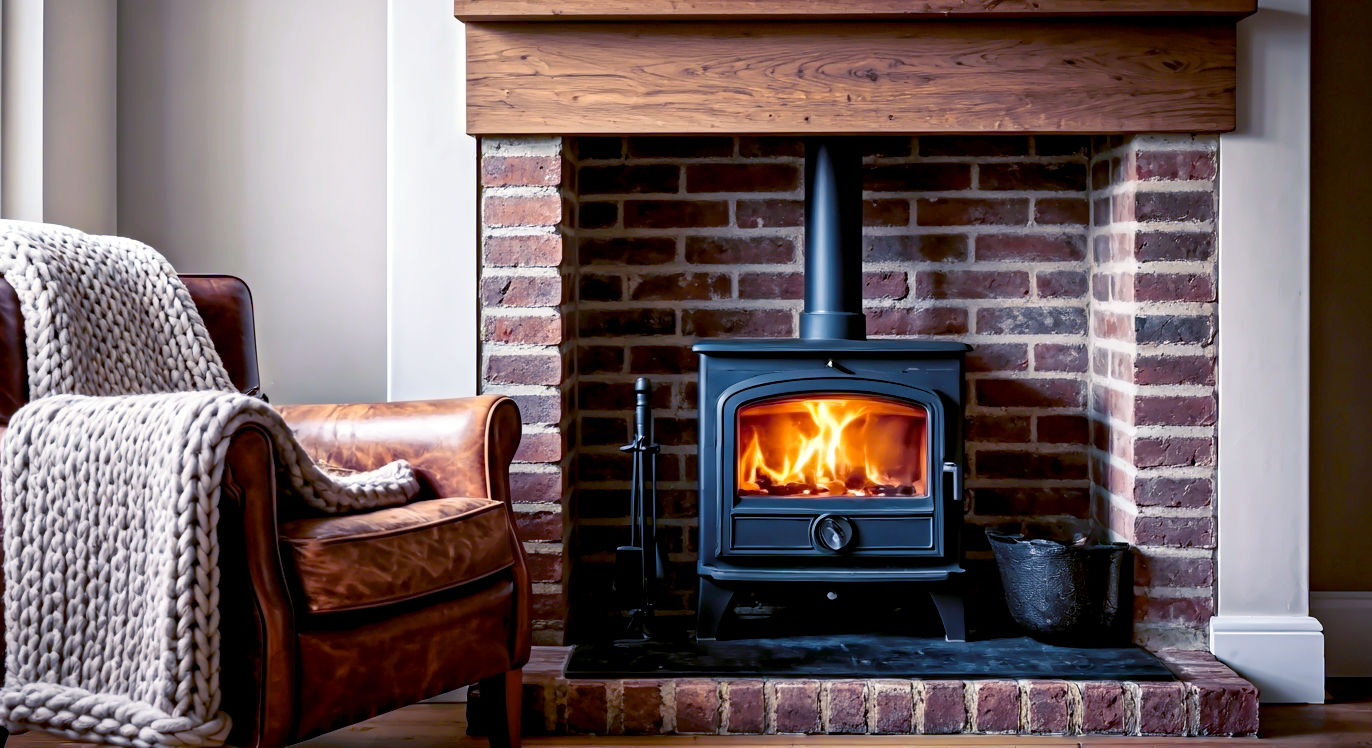 A hyper-realistic, professional photograph in the style of a feature in The English Home magazine. The scene is a cosy, stylish British living room on a late autumn afternoon. A classic wood-burning stove is safely installed within a charming exposed brick inglenook, with a gentle, warm fire crackling inside. On the simple oak mantelpiece sits a small vase of seasonal foliage. To the left of the fireplace is a comfortable, worn leather armchair with a chunky knitted wool throw draped over it. Soft, natural light streams in from a nearby window, illuminating dust motes in the air and highlighting the rich textures of the brick, wood, and leather. The overall mood is one of warmth, comfort, and timeless British country elegance.