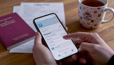 A hyper-realistic, professional photograph showing a close-up of a person's hands using a UK banking app on a modern smartphone to make a payment. The screen is clear and shows a "Reference Number" field being filled in. In the background, slightly out of focus, is a building society passbook and a paper statement on a wooden kitchen table, next to a classic British mug of tea. The lighting is soft and natural, creating a trustworthy and helpful mood.