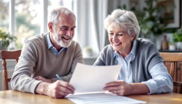 A professional, warm photograph showing a friendly-looking, mature British couple in their late 50s sitting at their wooden dining table, smiling. They are reviewing legal documents together, which are clearly titled 'Last Will and Testament'. Soft, natural light comes from a nearby window, creating a feeling of security, trust, and responsible planning for the future. The style is that of a high-end UK financial advice brochure.