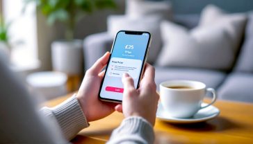 A hyper-realistic, professional photograph in the style of a modern lifestyle magazine. The image shows the hands of a person in their 30s, holding a smartphone displaying the NS&I Premium Bonds prize checker app. The screen shows a "£25 Prize" notification. In the background, softly out of focus, is a cosy British living room with a mug of tea on a wooden coffee table. The lighting is soft and natural, coming from a nearby window, creating a warm, hopeful, and relatable mood. The overall feel is one of quiet, everyday optimism and financial prudence.