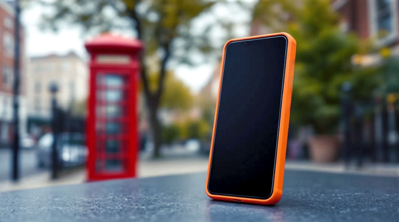 A hyper-realistic, professional product photograph of the CMF Phone 1 in the vibrant Orange colour. The phone is placed at a slight angle on a cool, slate grey surface, with a classic London red postbox softly blurred in the background to give a distinct British feel. The phone's screen is on, displaying the minimalist, monochrome Nothing OS home screen. The lighting is soft and natural, as if from an overcast British sky, highlighting the phone's textured finish and unique corner dial. The mood is modern, stylish, and accessible.