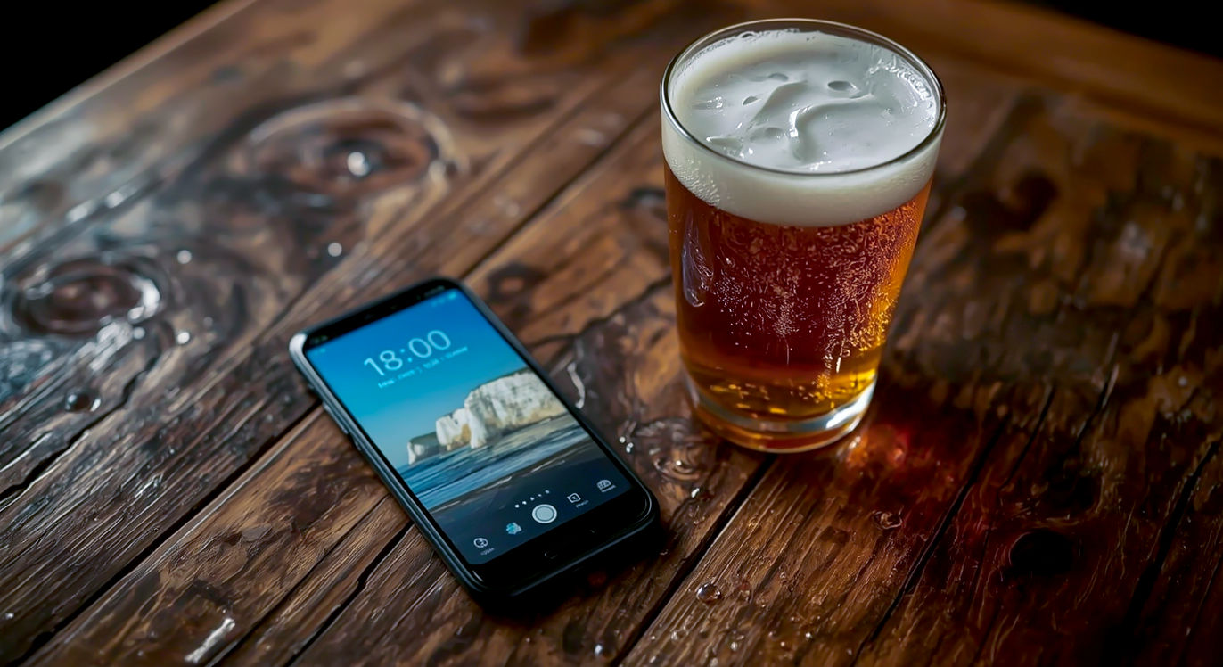 A professional, hyper-realistic lifestyle photograph showing the Samsung Galaxy A55 5G in 'Awesome Navy' resting on a rustic wooden pub table. Next to the phone is a classic pint of British ale with condensation on the glass. The phone screen is on, displaying a vibrant photo of a scenic UK landmark like the White Cliffs of Dover. The lighting is soft and warm, evoking a cosy, welcoming British pub atmosphere. The composition is clean, with the phone as the hero, and the background is slightly out of focus.