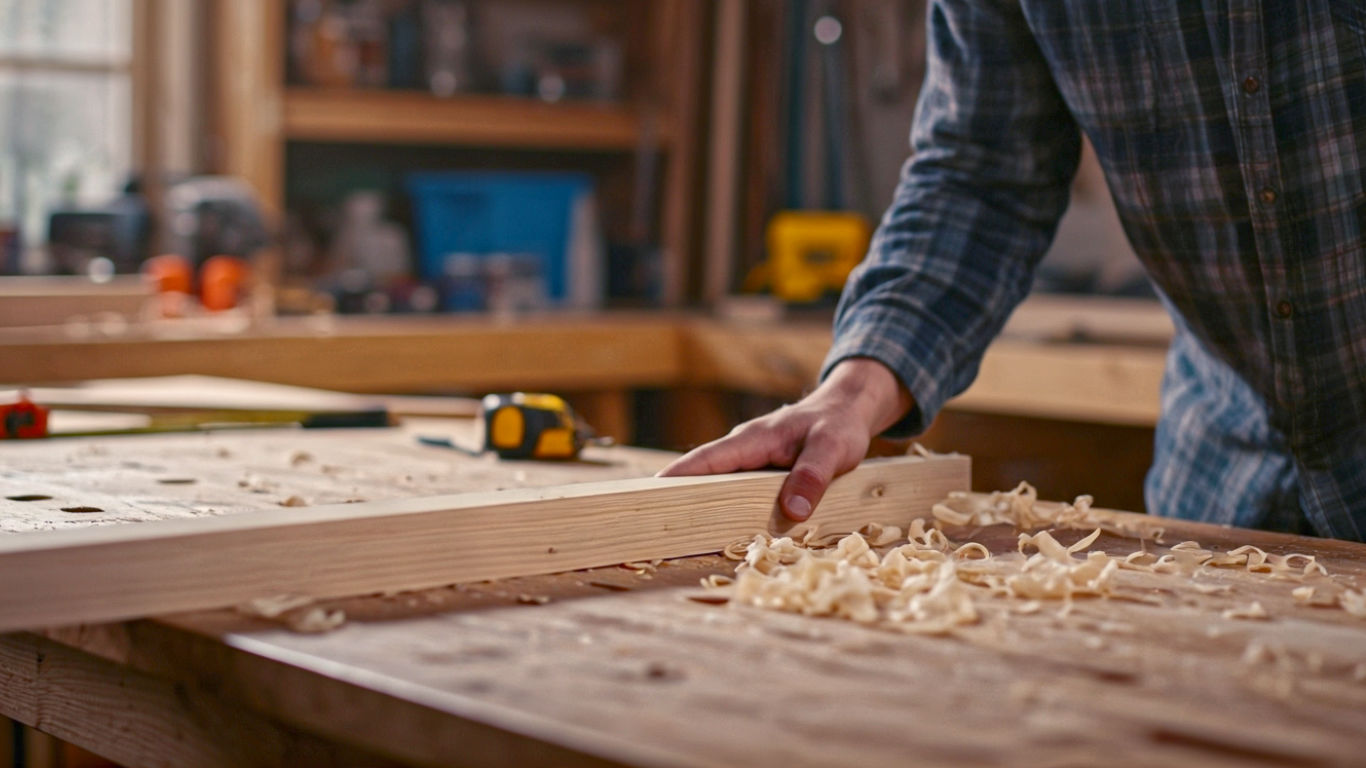 The scene is a well-lit, tidy British garage workshop. A person wearing a casual checked shirt is working with two pieces of light-coloured pine to a sturdy wooden workbench. Wood shavings are scattered lightly on the bench. The background is slightly blurred, showing other tools like a hand saw and a tape measure, creating a sense of an authentic DIY project in progress. The lighting is bright and natural, conveying a feeling of satisfaction and competence.