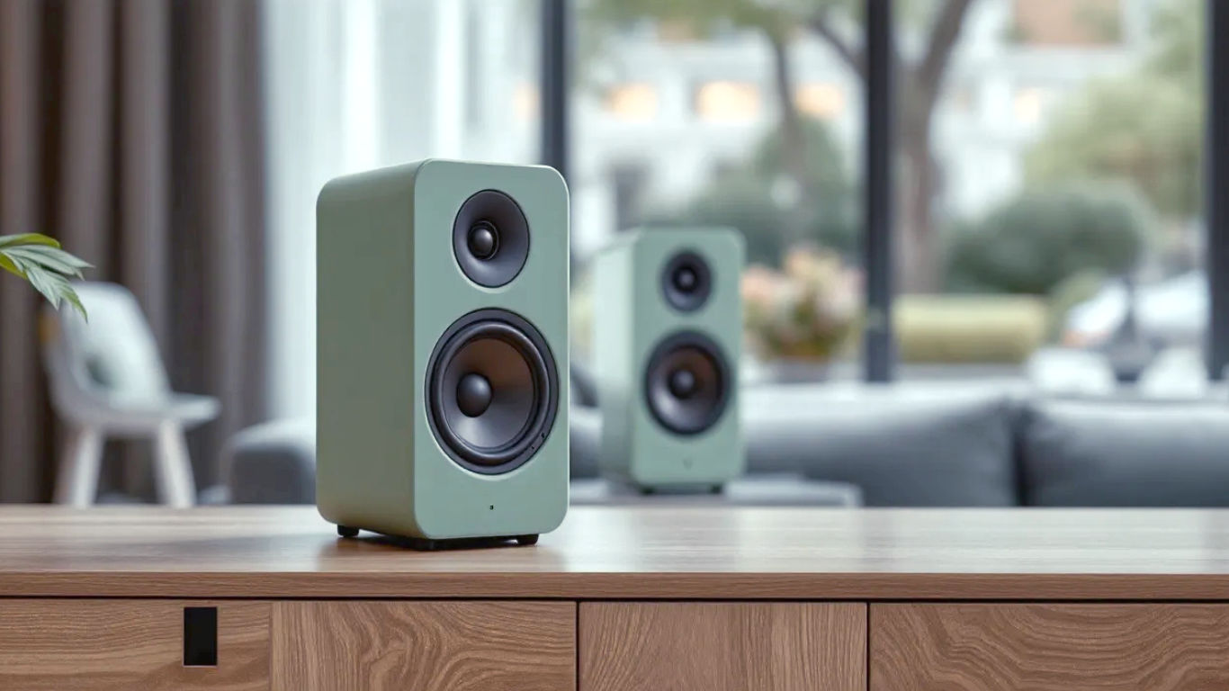 A pair of Sage Green KEF LSX II LT speakers are placed on a sleek, minimalist oak sideboard in a modern British living room. One speaker is angled slightly towards the camera. The background is softly blurred, showing a stylish grey sofa and a large window with a view of a leafy London street. The lighting is soft and natural, highlighting the speaker's smooth matte texture and the iconic Uni-Q driver. The mood is sophisticated, clean, and aspirational.