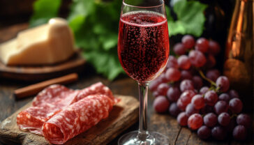 A professional studio photograph of a chilled Lambrusco bottle, ruby-red wine sparkling in a white wine glass with delicate bubbles rising, set against a rustic Italian vineyard backdrop at golden hour. Include a wooden table with prosciutto, Parmigiano Reggiano, and fresh grapes, softly lit with natural light. Crisp details, vibrant colors, shallow depth of field, cinematic mood, 8K resolution, hyper-realistic textures, elegant and appetizing composition