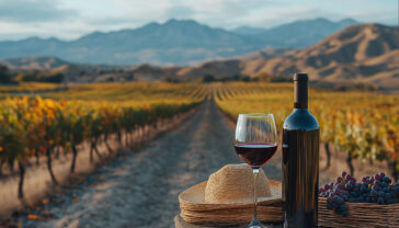 A stunning professional photograph of a Malbec wine scene, featuring a sleek bottle of Catena Zapata Malbec on a rustic wooden table, beside a filled wine glass with deep purple-red liquid catching soft golden light. In the background, a blurred vineyard at sunset with rolling Mendoza hills and the Andes mountains, rich in earthy tones of green and amber. The composition uses dramatic shadows, crisp focus on the bottle and glass, and a warm, inviting atmosphere—hyper-realistic, 8K resolution, cinematic depth of field, vibrant yet natural colors.