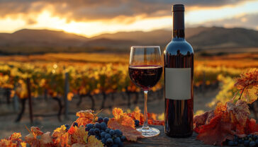 A stunning professional photograph of a Malbec wine scene, featuring a sleek bottle of Sangiovese wine on a rustic wooden table,